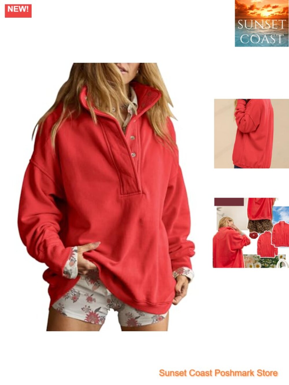 Oversized Henley Neck Sweatshirt Snap Button Drop Shoulder Pullover Top